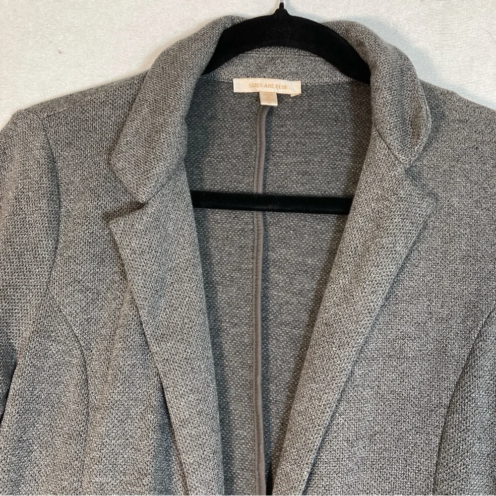 Skies Are Blue Asa Knit Blazer Gray Charcoal Open Front 3/4 Sleeves Cuffs Small
